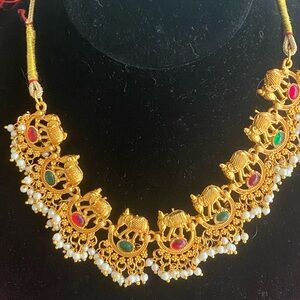 New Elephant necklace from India with Red and Green Cabochons and Faux Pearls!